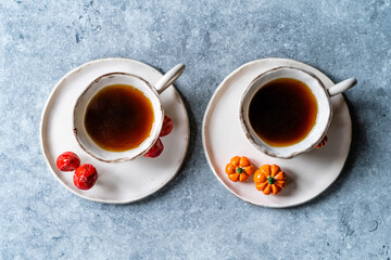 Handmade Ceramic Coffee or Tea Cups with Pumpkin and Mushroom Pattern Figure Design Handcrafted. Handicraft.