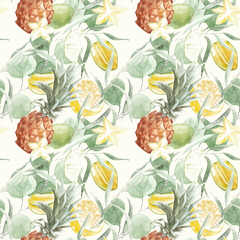 Tropical fruit pattern. Exotic fruits, spices and eucalyptus branches. Watercolor pattern on light background.