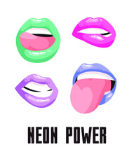 Sexy Female Lips with Acid Color Lipstick. Vector Fashion Illustration Woman Freak Mouth Set.  Gestures Collection Expressing Different Emotions