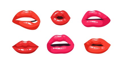 Fototapeta na wymiar Sexy Female Lips with Red Lipstick. Vector Fashion Illustration Woman Mouth Set. Gestures Collection Expressing Different Emotions