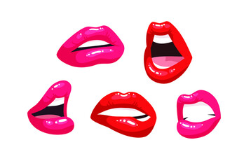 Fototapeta na wymiar Sexy Female Lips with Red Lipstick. Vector Fashion Illustration Woman Mouth Set. Gestures Collection Expressing Different Emotions
