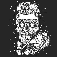hipster skull bartender. hipster skull bartender emblem. Silhouette head vector isolated illustration. Brutal bearded face with a shaker and a burning shot white on a black background
