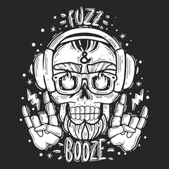 hipster skull music illustration. hipster skull music emblem. Silhouette heads vector isolated illustration. Brutal bearded face white on a black background