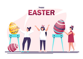 People decorating big Easter eggs. Happy people in celebrating Easter and painting Easter eggs. Traditional spring holidays design elements and characters.Happy Easter. 
