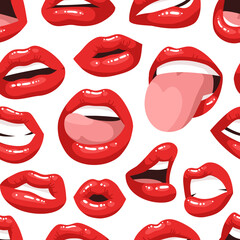 Sexy Female Lips with Red Lipstick. Vector Fashion Illustration Woman Freak Mouth Seamless pattern.  Gestures Collection Expressing Different Emotions