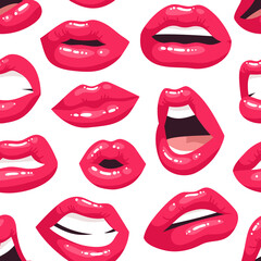 Sexy Female Lips with Red Lipstick. Vector Fashion Illustration Woman Freak Mouth Seamless pattern.  Gestures Collection Expressing Different Emotions