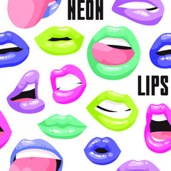 Sexy Female Lips with Acid Color Lipstick. Vector Fashion Illustration Woman Freak Mouth Seamless pattern.  Gestures Collection Expressing Different Emotions