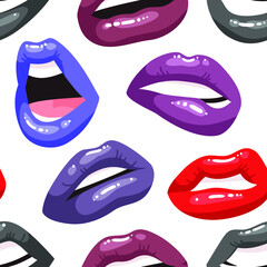 Sexy Female Lips with Dark Color Lipstick. Gothic Vector Fashion Illustration Woman Freak Mouth Seamless pattern.  Gestures Collection Expressing Different Emotions
