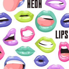 Sexy Female Lips with Acid Color Lipstick. Vector Fashion Illustration Woman Freak Mouth Seamless pattern.  Gestures Collection Expressing Different Emotions