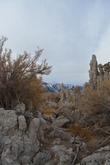 beautiful Mono Lake Tufa State Natural Reserve in eastern California on a cold December day, tufa pinnacles in dusk