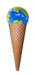 Planet earth globe on ice cream cone isolated on white background