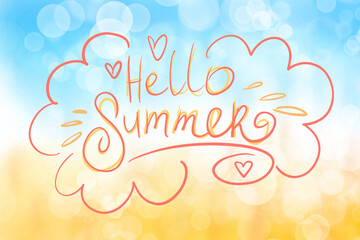 Lettering Hello Summer on blue yellow gradient background. Summer placard, poster, flyer, invitation, card.