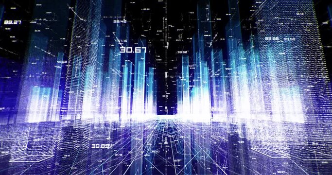 3D Digital City in the matrix, Big Data, Information Web, Technology Concept, Digital buildings with a binary code, 4k 
 3D rendering