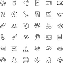 communication vector icon set such as: start, speaker, copywriting, brain, money, bank, crowd, account, data aggregation, growth, operator, protection, panel, skin, figure, head, translate, dial