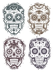 Mexican skull monochrome stencil collection. Mexican skulls set. Vector illustration. Dia de los muertos shugar monochrome stencil heads.