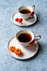 Handmade Ceramic Coffee or Tea Cups with Pumpkin and Mushroom Pattern Figure Design Handcrafted. Handicraft.