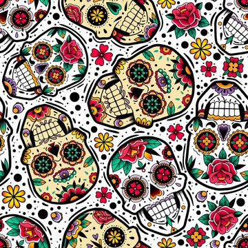 Mexican skulls seamless pattern. Mexican skulls seamless pattern. Vector illustration. Dia de los muertos shugar colorful heads.