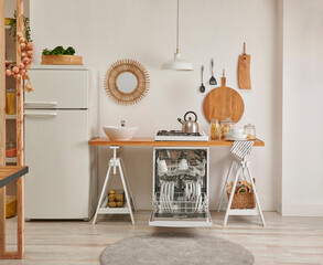 Decorative kitchen and dishwasher, refrigerator, sink and counter decorative style, lamp stone wall background.