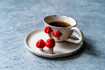 Handmade Ceramic Coffee or Tea Cups with Pumpkin and Mushroom Pattern Figure Design Handcrafted. Handicraft.