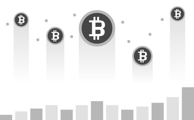 上昇する仮想通貨ビットコインのロゴ入りコインと棒グラフ - BTC・値上がり・高騰イメージの白黒