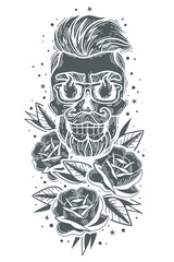 skull roses banner. Hipster skulls roses set. Indie barber dark face tattoo symbol skeleton. Head with modern hairstyle. Vector illustration
