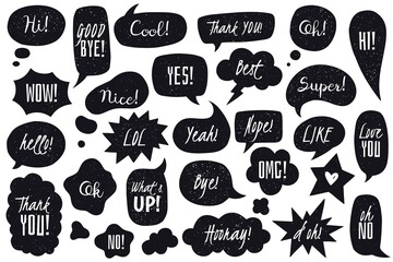 Speech bubbles doodles set. Black doodle speech bubbles collection. Hand drawn in comic style vector illustration. Sketch speech bubbles set