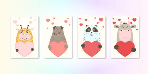 Cute cartoon animal holds a heart sign with copy space. set valentine's day greeting card banner invitation flyer brochure. cartoon hand drawn style. Little animals pets in love, declaration of love