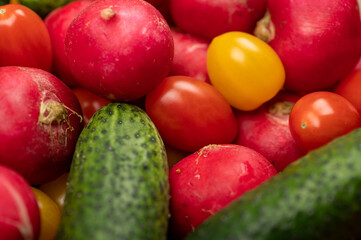 Green cucumbers, ripe radishes and colorful tomatoes scattered on the table. Close-up, selective focus.