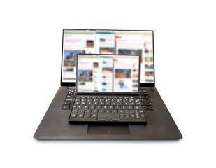 Huge and tiny laptop with screenshots over white