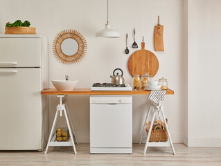 Decorative kitchen and dishwasher, refrigerator, sink and counter decorative style, lamp stone wall...