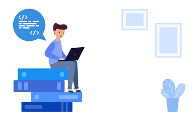 Man sits on a stack of books thinking and working on the computer. a person works at a laptop. Vector illustration in modern flat design.