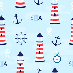 Vector seamless sea pattern with lighthouse, steering wheel, anchor.