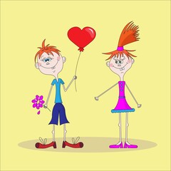 cartoon lovers boy with girl and balloon