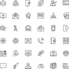 Fototapeta premium communication vector icon set such as: translation, smart, share, e-mail, care, coach, hosting, alert, developer, services, headlines, cooperation, connectivity, chart, data aggregation, force