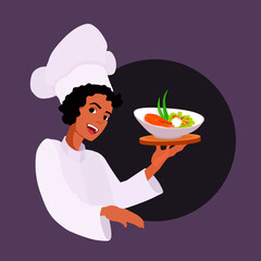 A cook chef demonstrates a freshly cooked dish. A person showing salmon steak with rice. A restaurant worker serving food. A vector cartoon character illustration.