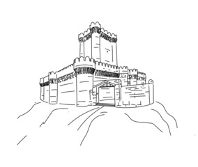Detailed square Castle on the rock, mountain clean line vector illustration