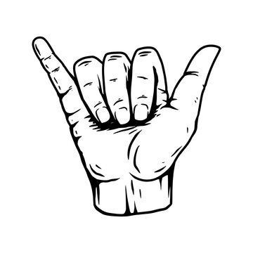Illustration of hand with shaka sign. Design element for poster, card, banner, sign. Vector illustration