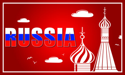 RUSSIA postcard or banner with red background and white artwork. Onion domes of russian cathedral, clouds and birds. National flag colored letters. 