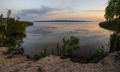 Dnipro river summer sunset twilight panorama landscape, Ukraine