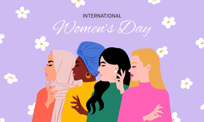 Feminism concept. Woman in different races together. Happy international women's day card design. Flat style vector.