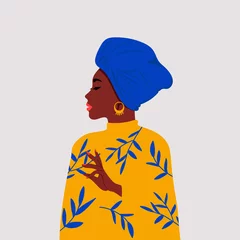 Fototapeten African woman side profile wearing a head wrap called gele. International women's day clip art. Flat vector design. © cloverlittleworld