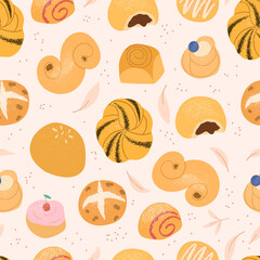 Cute vector seamless pattern of fragrant buns with various fillings. 