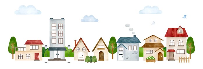 夏の街並み　水彩風ベクターイラスト