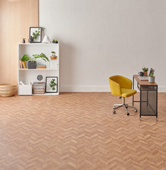 Decorative background in the room, sofa bookshelf style, grey stone wall with wooden decor and brown parquet, carpet detail.