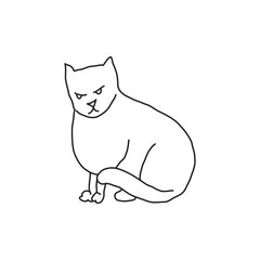 Cosy hand drawn cat. Sitting, angry. Vector illustration. Editable lines.