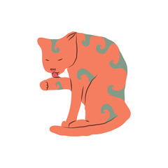 Cosy hand drawn cat with decorations. Waves. Vector illustration. Editable lines. Colored.