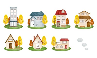 秋の建物セット　水彩風ベクターイラスト