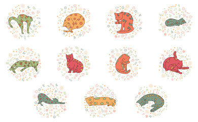 Cosy set cat hand drawn with decorations. Sleeping. Vector illustration. Editable lines. Colored with outlines, round background, cute pattern.