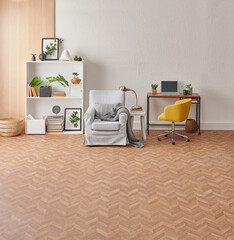 Decorative background in the room, sofa bookshelf style, grey stone wall with wooden decor and brown parquet, carpet detail.