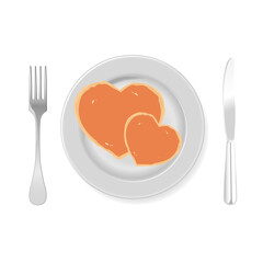 Heart shaped pancakes on a plate, vector art illustration.